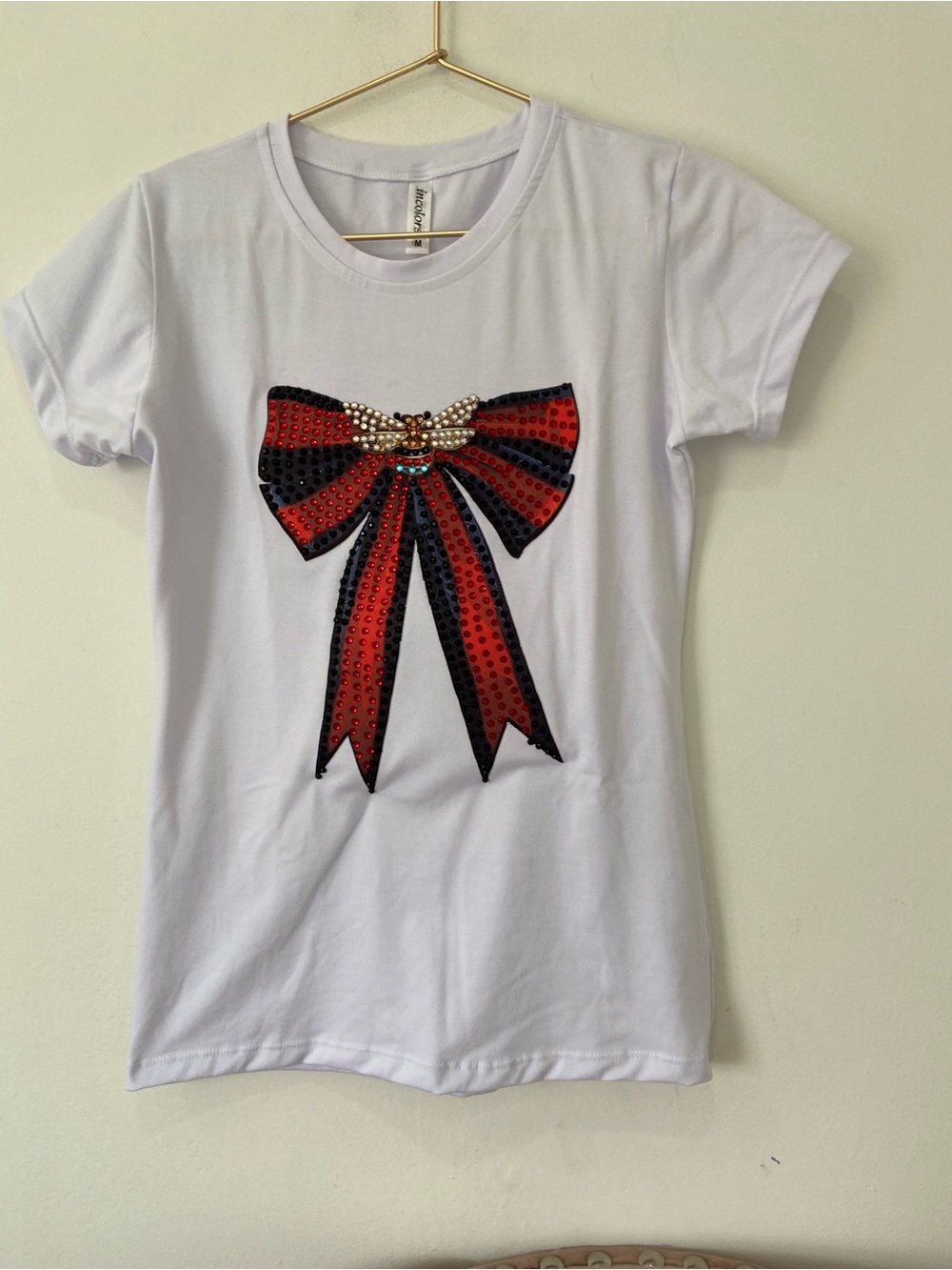 White Tee with Red & Black Jeweled Bow Accent